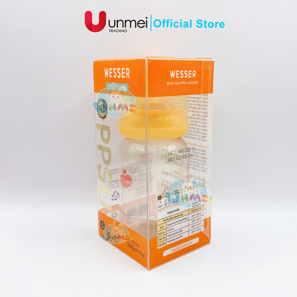 Bình Sữa CỔ HẸP Wesser PPSU 140ml (Núm đi kèm Size S)
