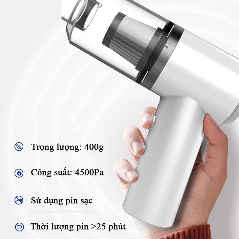 Máy Hút Bụi Mini Không Dây, Máy Hút Bụi Giường Đệm Công Suất Lớn 120W Lực Hút 9000pa, Máy Hút Bụi Ô Tô Hoạt Động Êm Ái, Pin Sạc 2000mAh