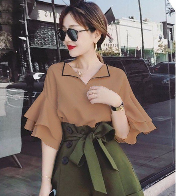 ÁO CỔ BẺ PHỐI VIỀN TAY LOE CÔNG SỞ (KÈM QUÀ TẶNG)