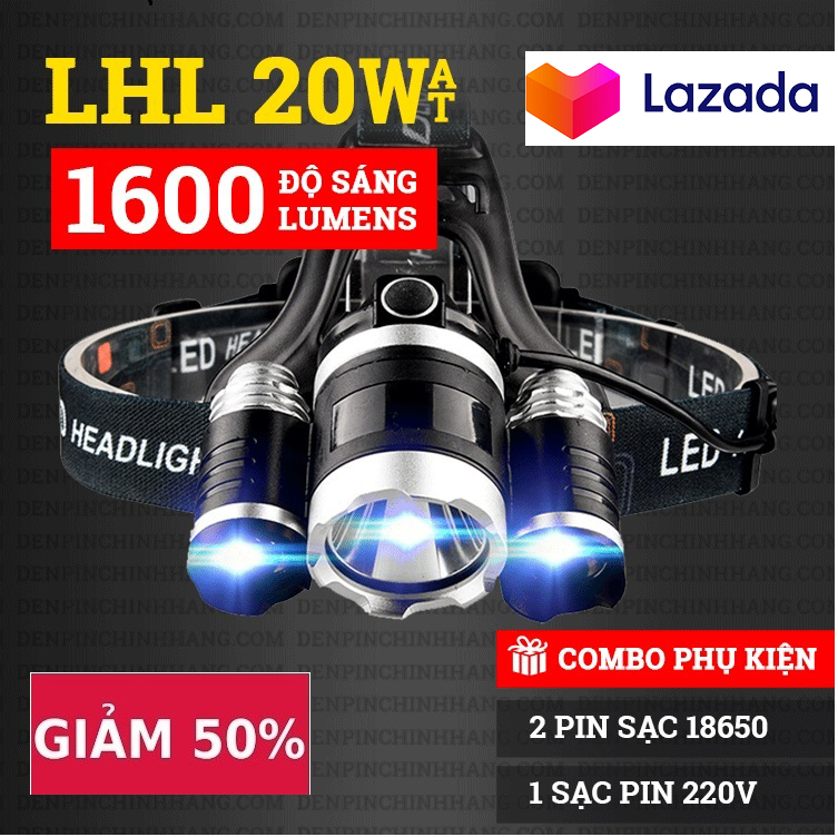 Den bin tu ve - đèn pin đội đầu siêu sáng - đèn pin led siêu sáng đội đầu 3 bóng nhiều chế độ ,tặng kèm pin và sạc