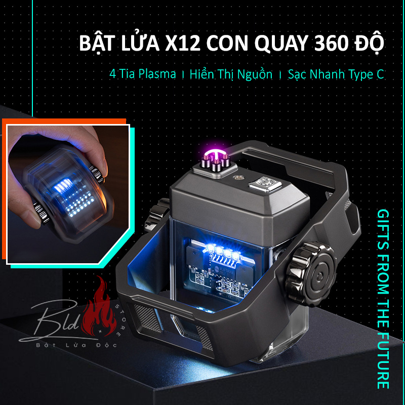 Bật Lửa Plasma X12, 4 Tia Xoay 360 Độ