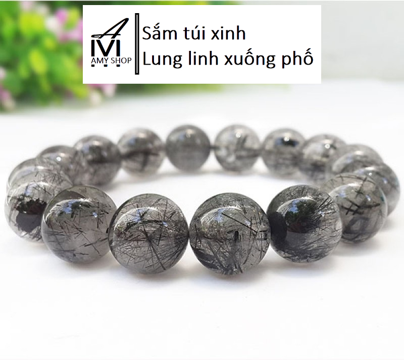 [Túi da thật Amy] Vòng tay phong thủy thạch anh tóc đen