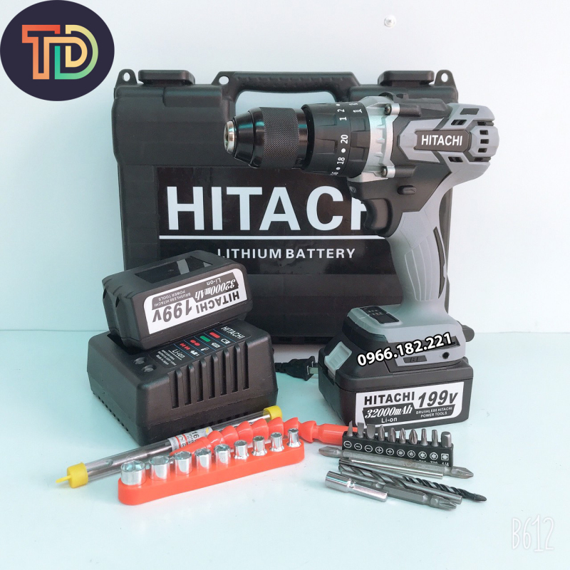 Máy khoan cầm tay dùng pin Hitachi 199V KÈM 2 PIN TẶNG 30 CHI TIẾT Bộ sản phẩm sửa chữa cần thiết cho gia đình