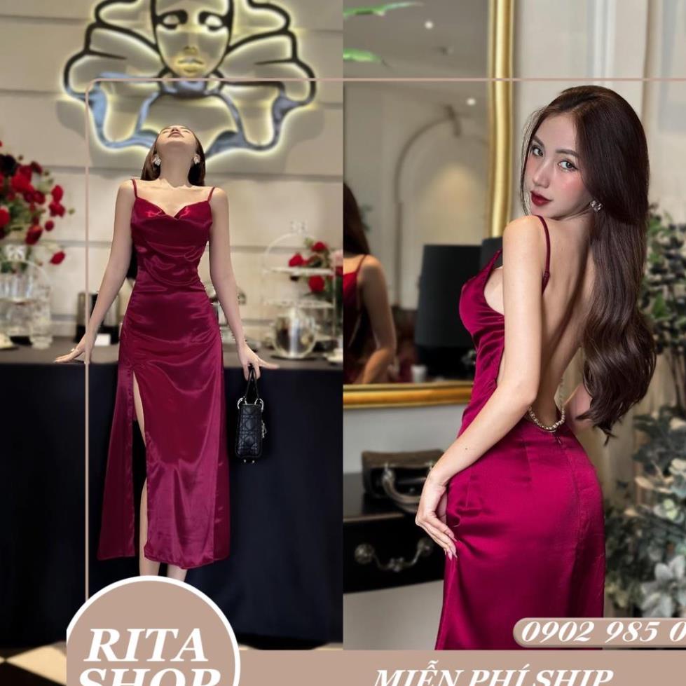 Đầm midi lụa 2 dây cổ đỗ hở lưng dây xích đi tiệc sang trọng 3346