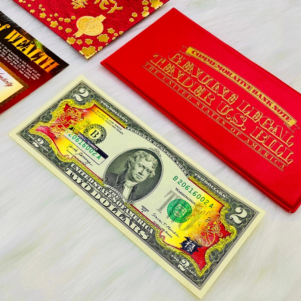 KM Tết - Bộ Tiền 2 USD Mạ Vàng Thần Tài làm quà tặng chiêu tài hút lộc siêu chuộng - bao da đỏ may mắn- quà tặng cho sếp, đồng nghiệp
