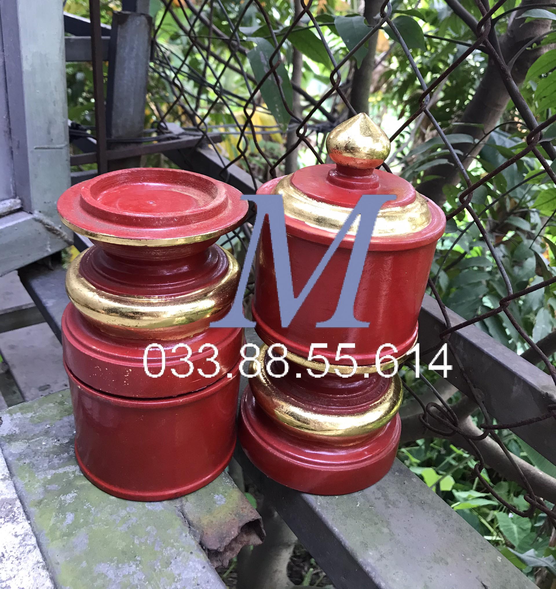 Bộ 2 Qủa Đài Nến Kẻ Chỉ Giáp Vàng Gỗ Mít