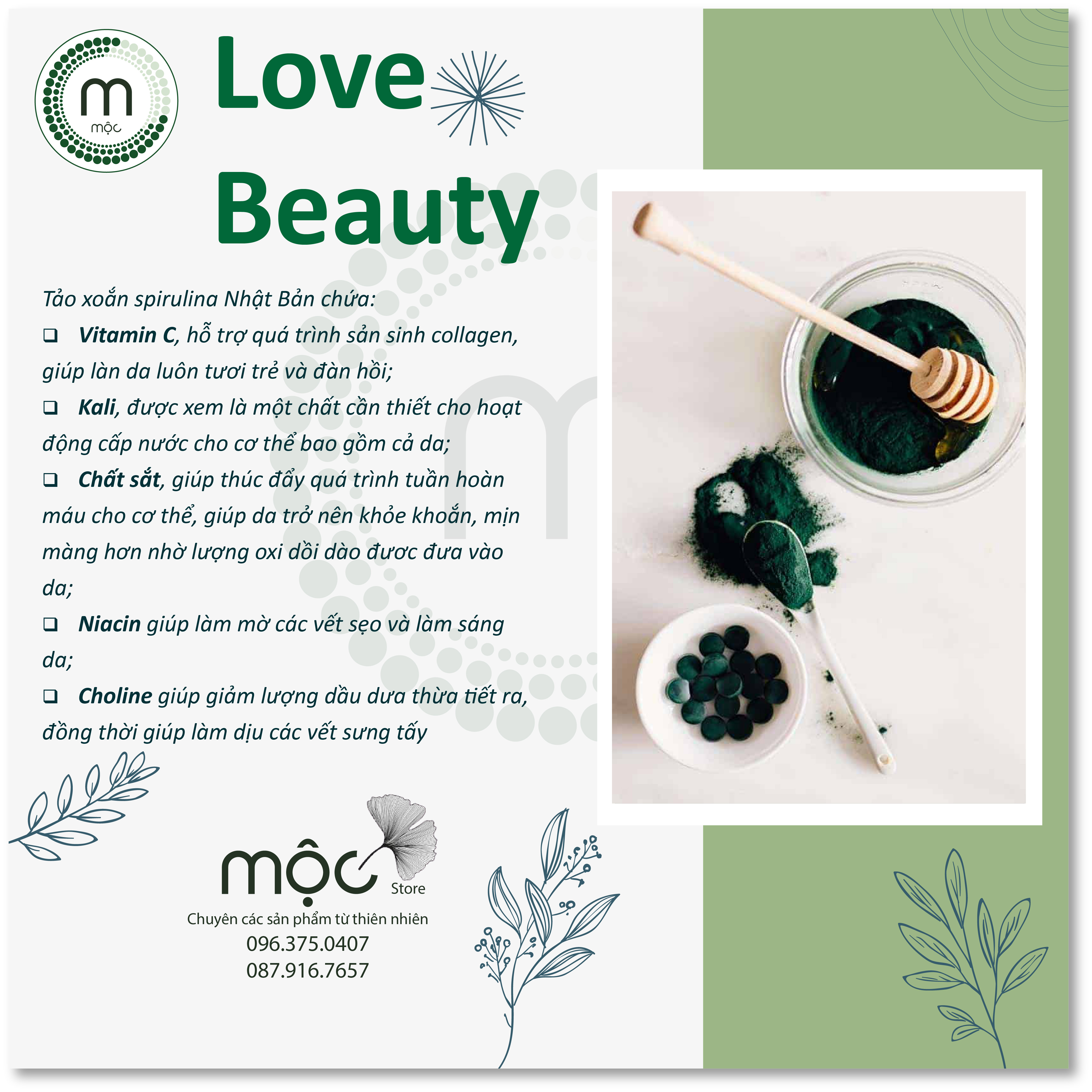 Bột mặt nạ Tảo Xoắn Spirulina Nhật bản MỘC nguyên chất dưỡng ẩm trắng da ngăn ngừa mụn làm mờ nếp nhăn túi 10g, 30g và chai 100ml (70g)