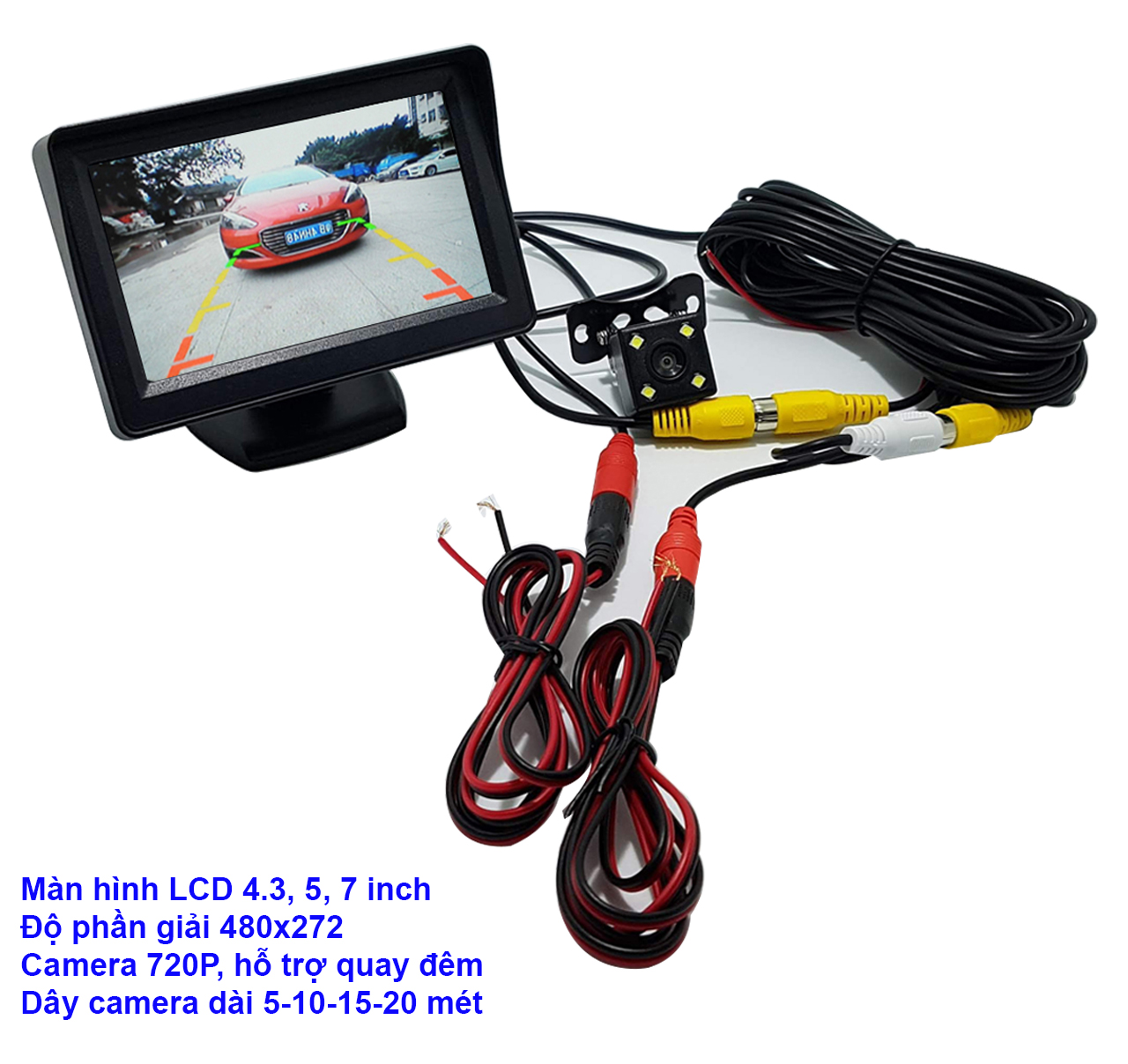 Camera lùi cho xe oto và màn hình LED 5inch đặt taplo, camera lùi 650TvLine, 4 led, chống nước, điện 12V