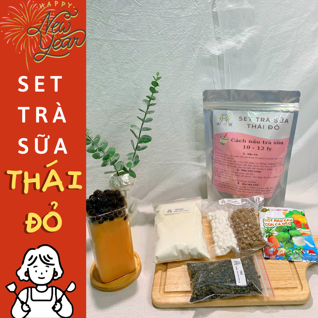 Set Nguyên Liệu Pha Trà Sữa Thái Đỏ Nấu 10 - 12 Ly Full Topping - UP MÌ ĐÊ