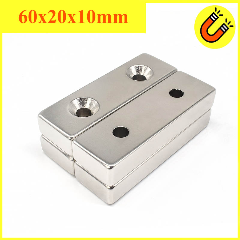Nam Châm Đất Hiếm 60x20x10mm 2 lỗ bắt vít Siêu Từ Tính