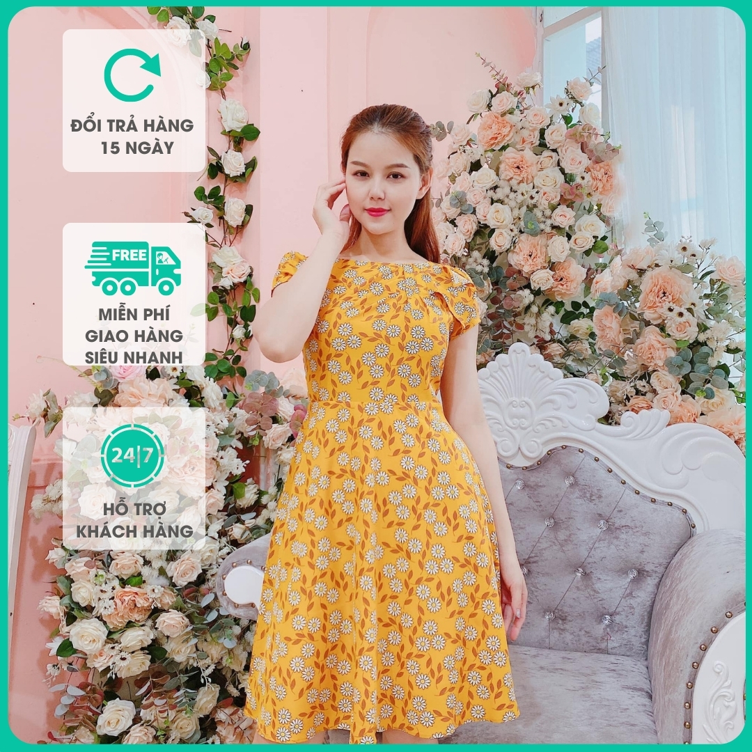 Đầm Lụa Vàng Hoạ Tiết Dáng Xoè A Đính Nơ CV6