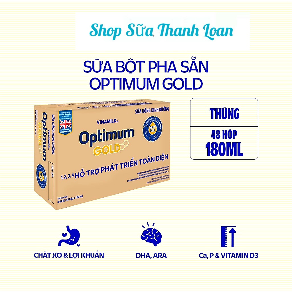 (HSD T2-2025) (Có Thẻ Tích Điểm) THÙNG 48 HỘP SỮA BỘT PHA SẴN OPTIMUM GOLD 180ML.