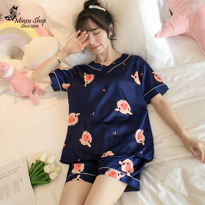 Bộ pijama lụa cao cấp quảng châu, bộ ngủ mặc nhà pijama mát lịm phong cách hàn quốc