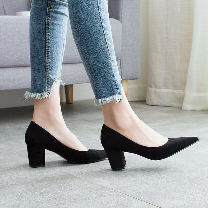 Giày cao gót da lộn đế vuông 6cm. Giày công sở siêu êm.