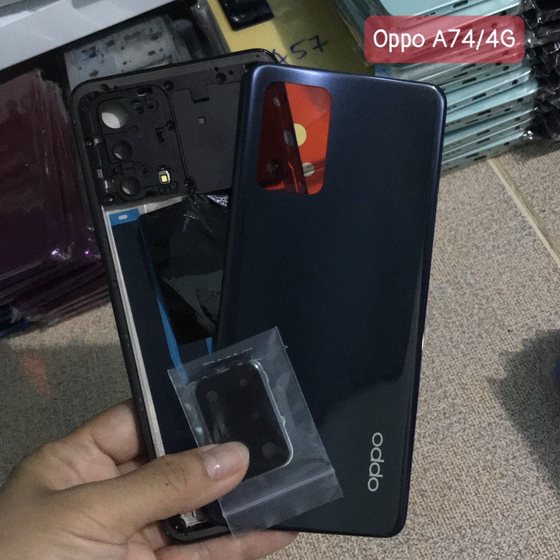 Bộ vỏ Oppo A74 bản 4G vỏ zin ( bộ gồm lưng, sườn,khung xương phím ,kính camera)