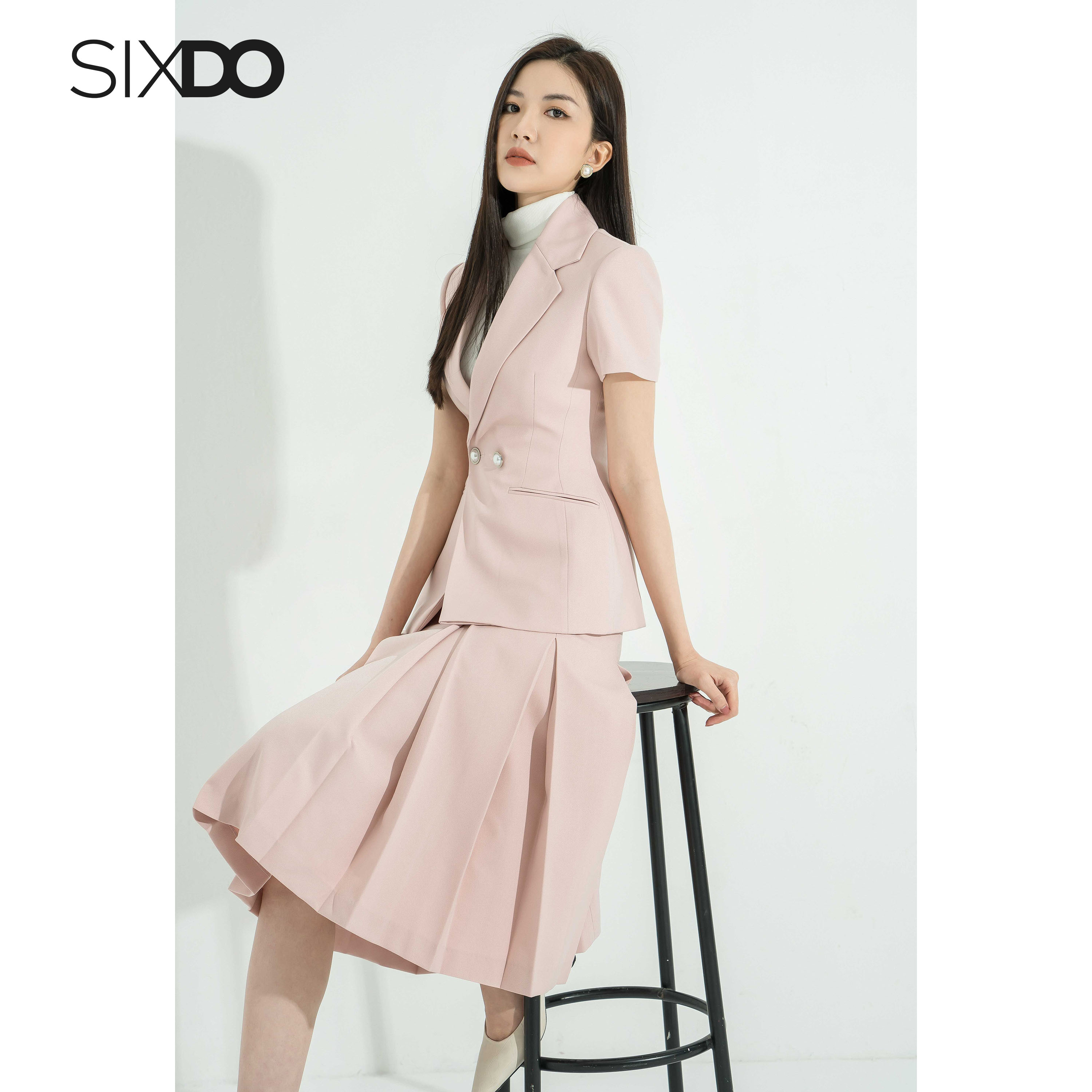 Chân váy tuýp xi hồng xếp ly SIXDO (Light Pink Knife Pleated Midi Skirt)