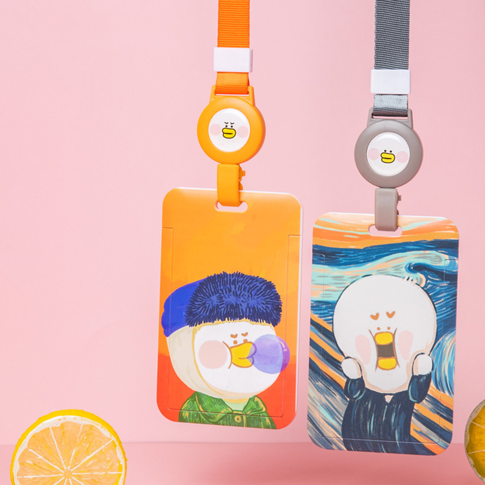 Y129F Cute Cartoon Keychain School Name Pass Cover Pull Badge Holders Oil Painting Card Case Bus Card Protection Cover Hang Rope Card Holder