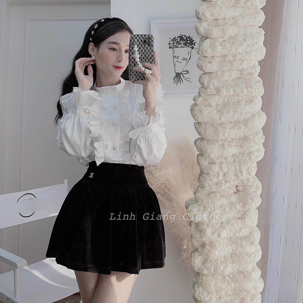 Áo sơ mi bèo dập li khuy ngọc hot