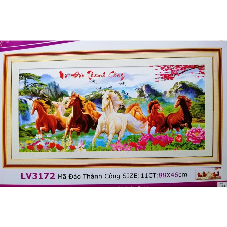 Tranh thêu chữ thập mã đáo thành công LV3172 Kích thước 88x46cm,tranh Lavender, với chủ đề: Con ngựa