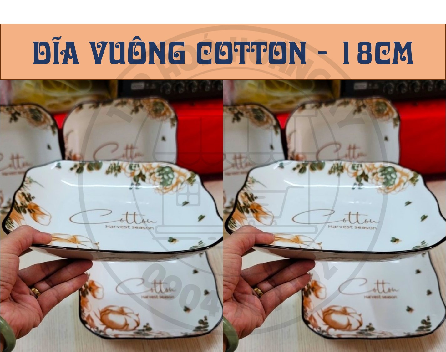 DĨA VUÔNG GỐM SỨ HOA VĂN COTTON 18CM ( CỠ 8)