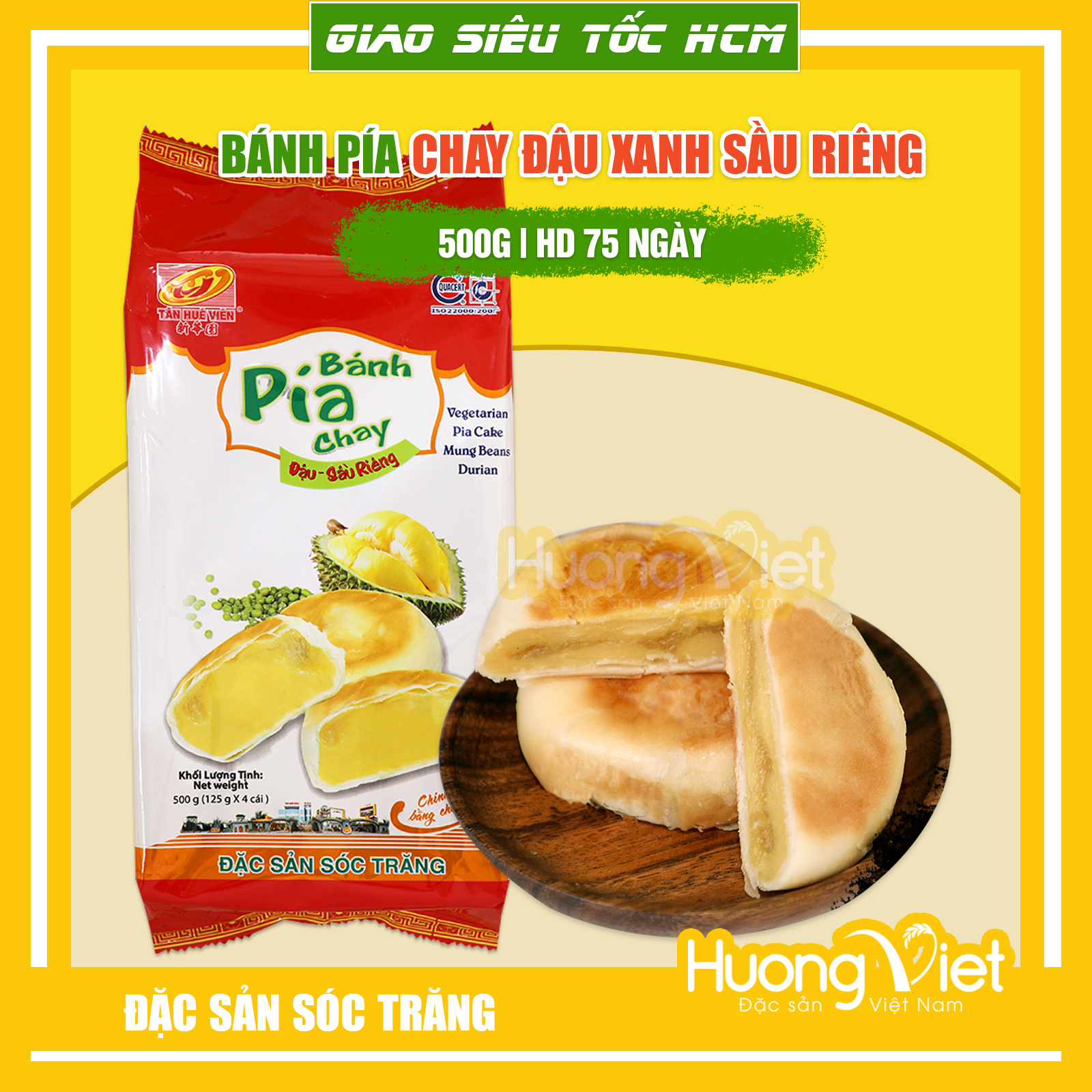 Bánh pía chay đậu xanh sầu riêng Tân Huê Viên 4 bánh 500gr bánh pía Sóc Trăng