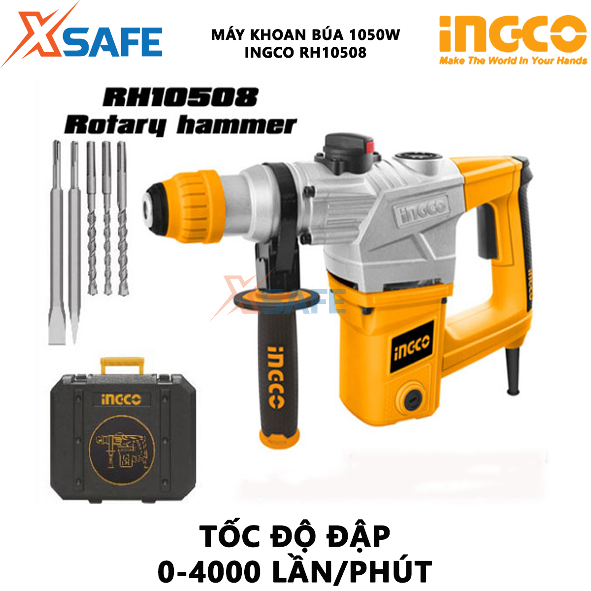 Máy khoan cầm tay 3 chức năng 1050w Ingco RH10508 đầu khoan gài sds, tốc độ 900rpm; tốc độ đập 4000bpm, lực đập 5j, khả năng khoan bê tông 28 mm, đục 14mm, thép 13mm, kèm 3 mũi khoan gài, 2 mũi đục Máy khoan đục bê tông