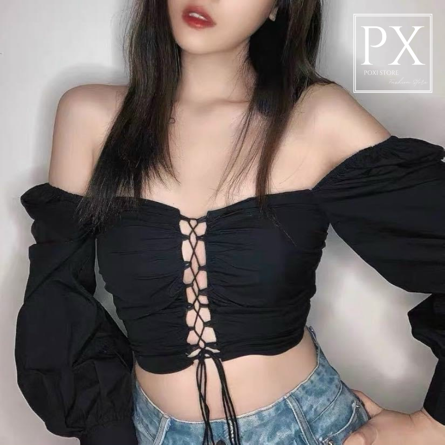 [HCM]Áo Croptop Đan Dây Tay Dài Daisy (TRẮNG+ĐEN)
