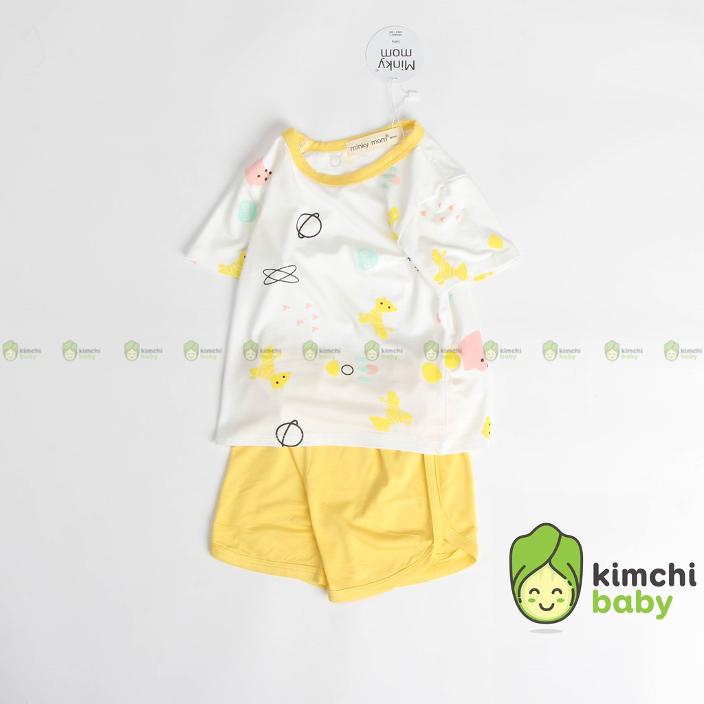 Đồ Bộ Bé Trai, Bé Gái KIMCHIBABY Vải Thun Lạnh Phối Viền Họa Tiết Dễ Thương, Bộ Cộc Tay Cho Bé Mặc Nhà Thoáng Mát MKM2135