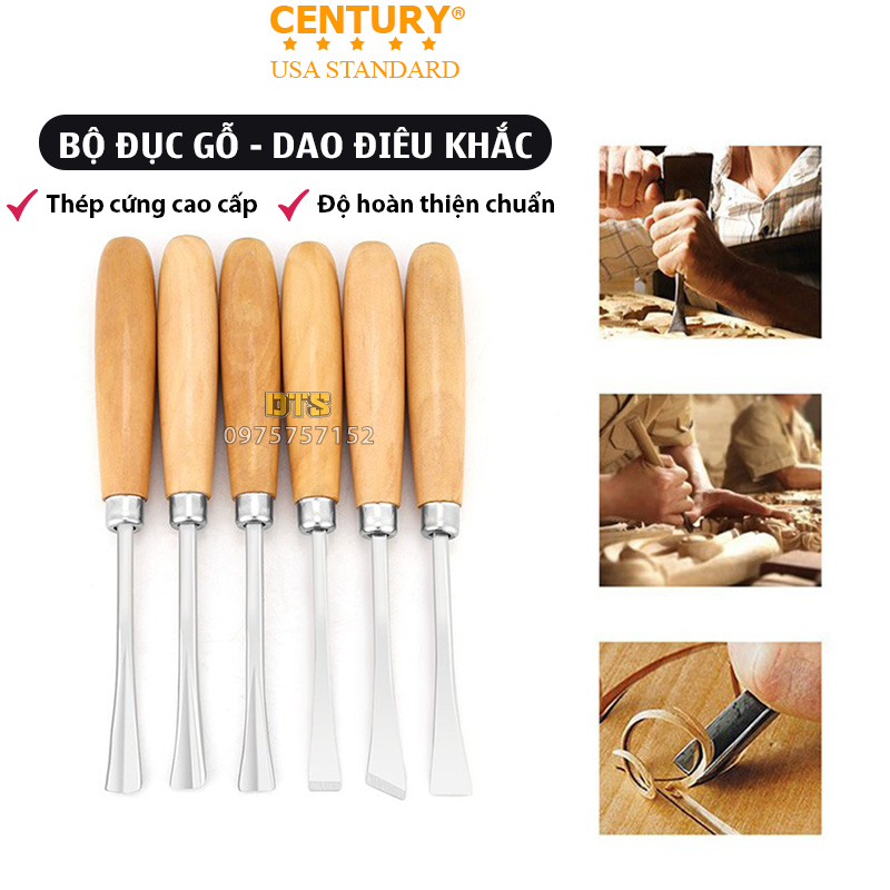 Bộ 6 đục gỗ, dao điêu khắc mini hãng CENTURY, bộ đục khắc lưỡi thép hợp kim siêu sắc bén, đục cây cảnh Bonsai tay cầm gỗ chất lượng cao, bộ dụng cụ điêu khắc gỗ mini, bộ đục điêu khắc cầm tay