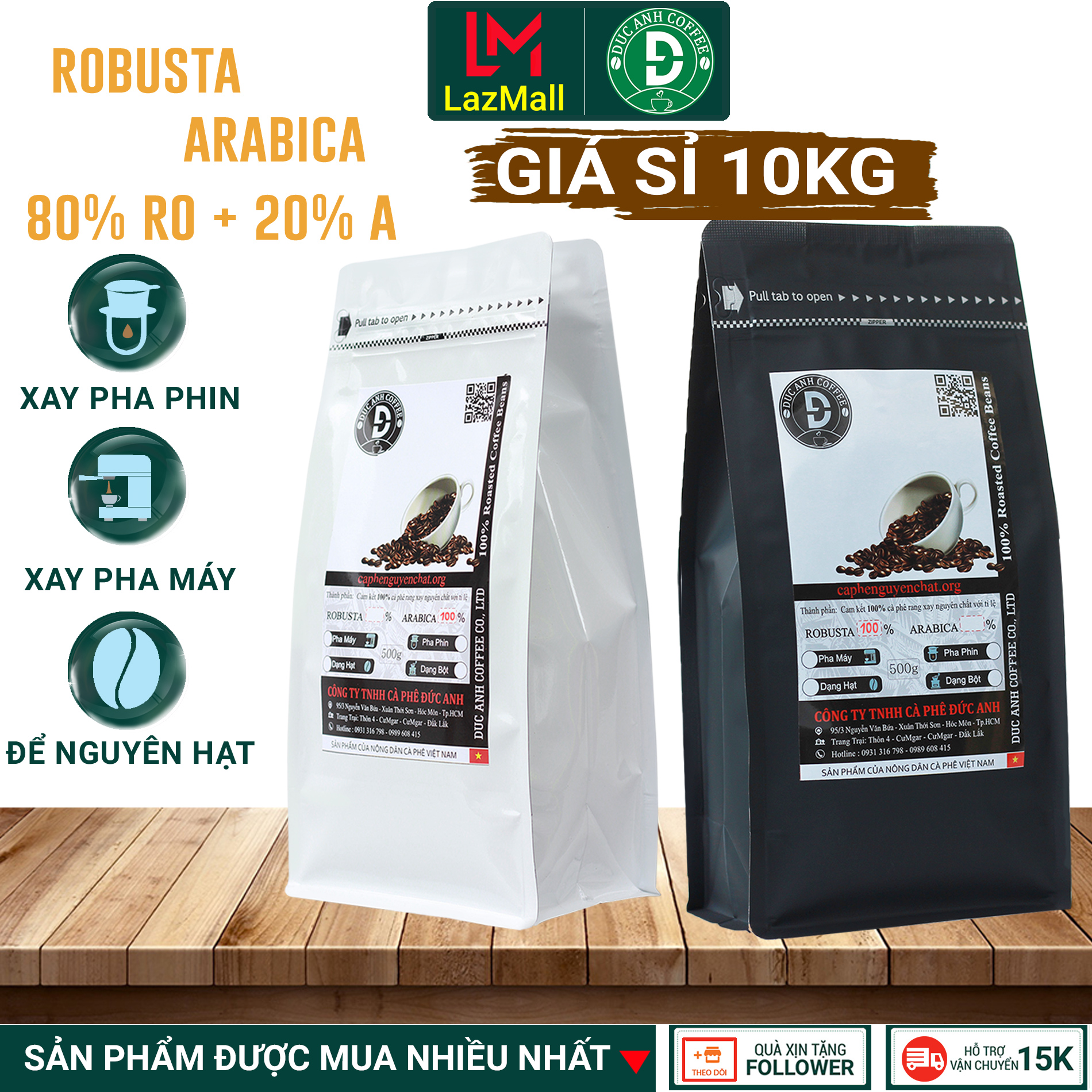 Gía Sỉ Cho Quán 10kg cà phê rang mộc DUC ANH COFFEE tùy chọn robusta và