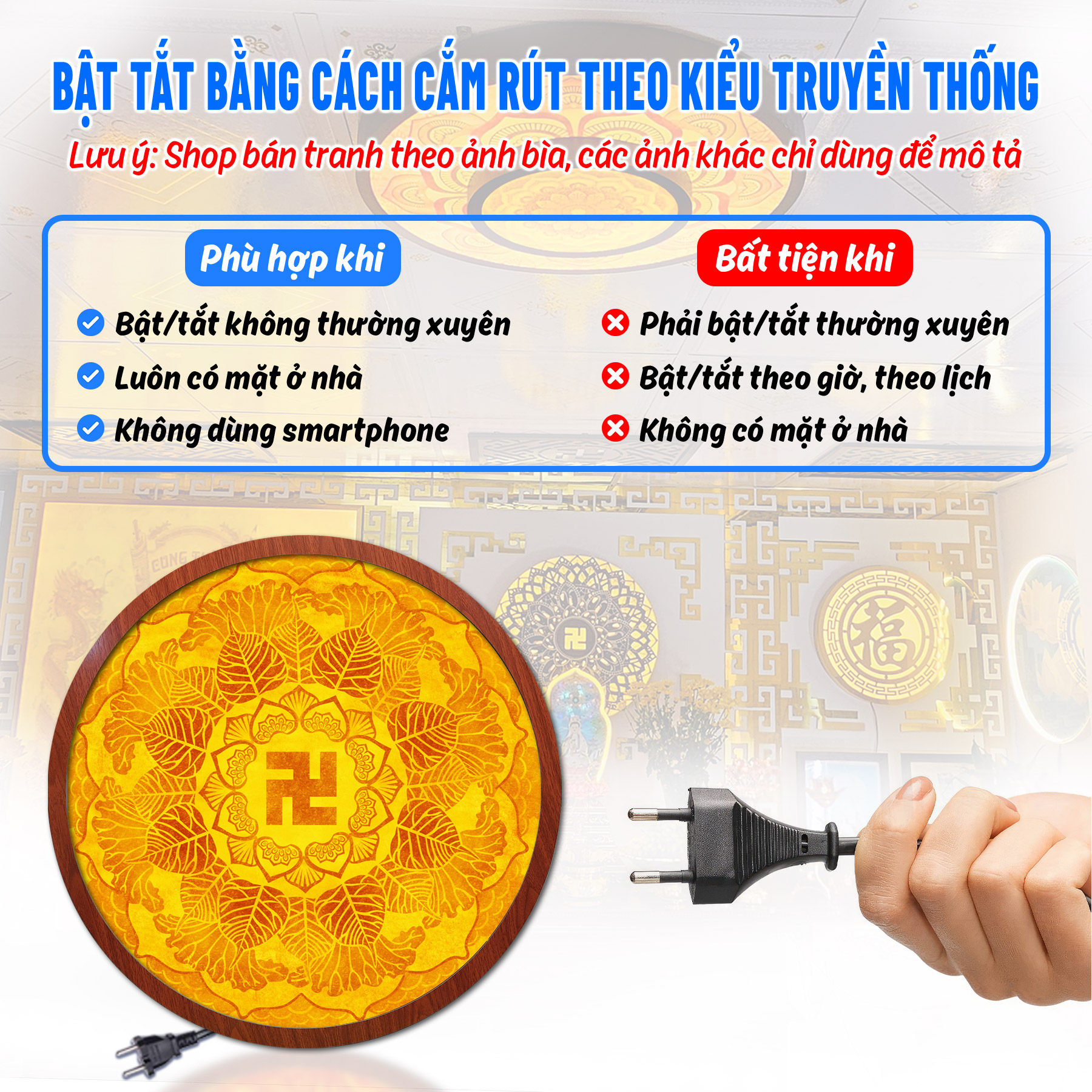 Đèn thờ hào quang phật tranh trúc chỉ tròn chân thiện mỹ, trang trí bàn thờ, hào quang trúc chỉ mandala chữ vạn tc-hq-94