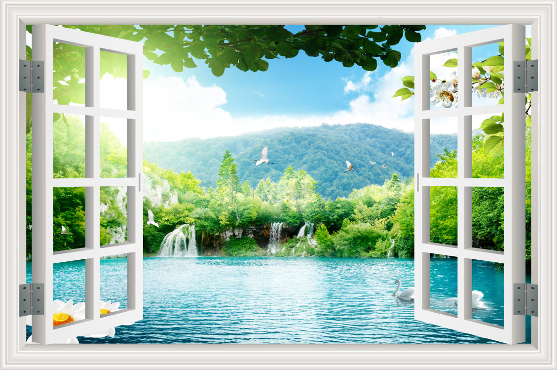Tranh dán tường 3d cửa sổ phòng khách tinh tế nhiều mẫu