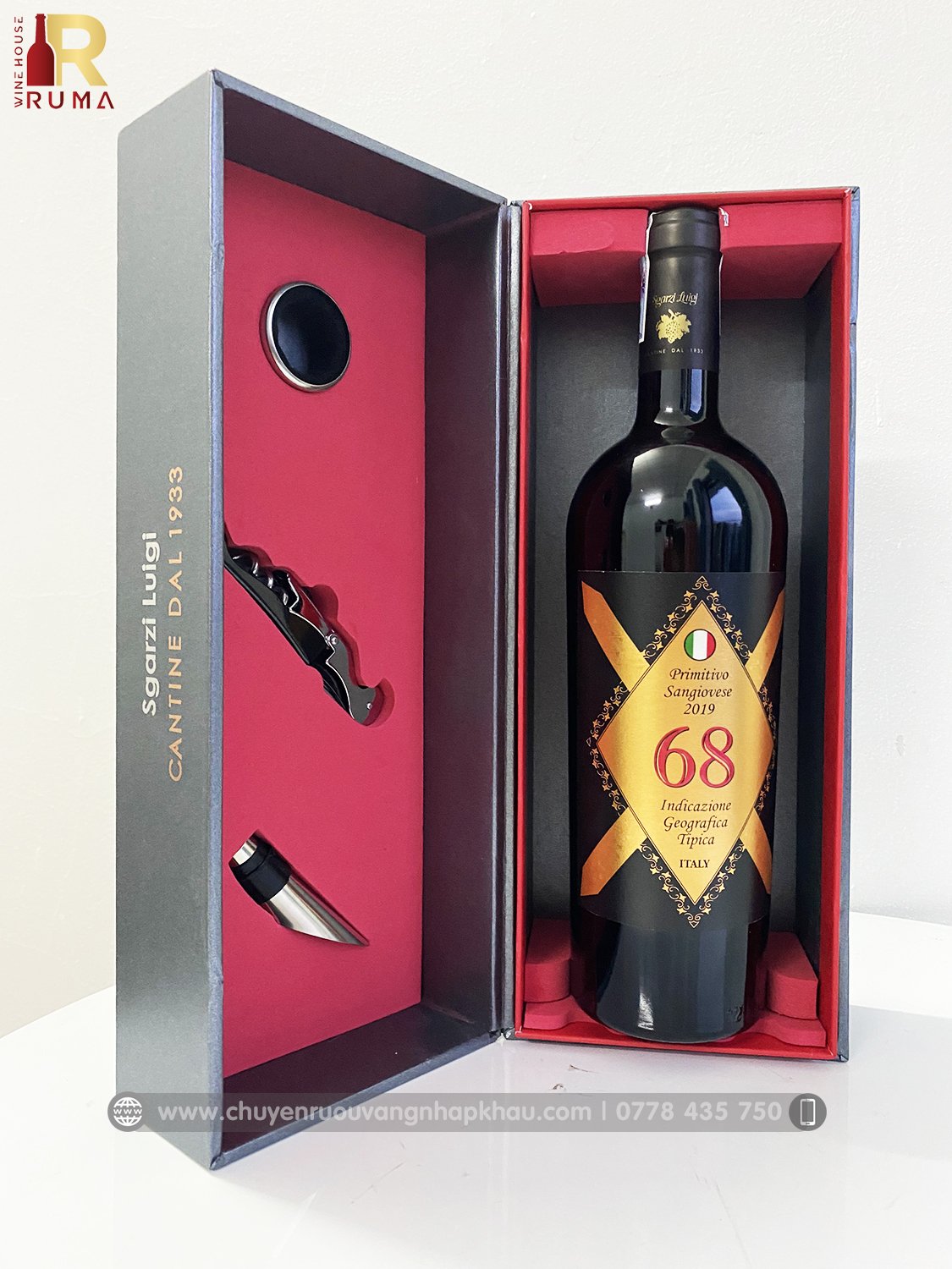Nhập khẩu chính hãng Set quà tặng Hộp 1 chai Vang Ý 68 kèm phụ kiện