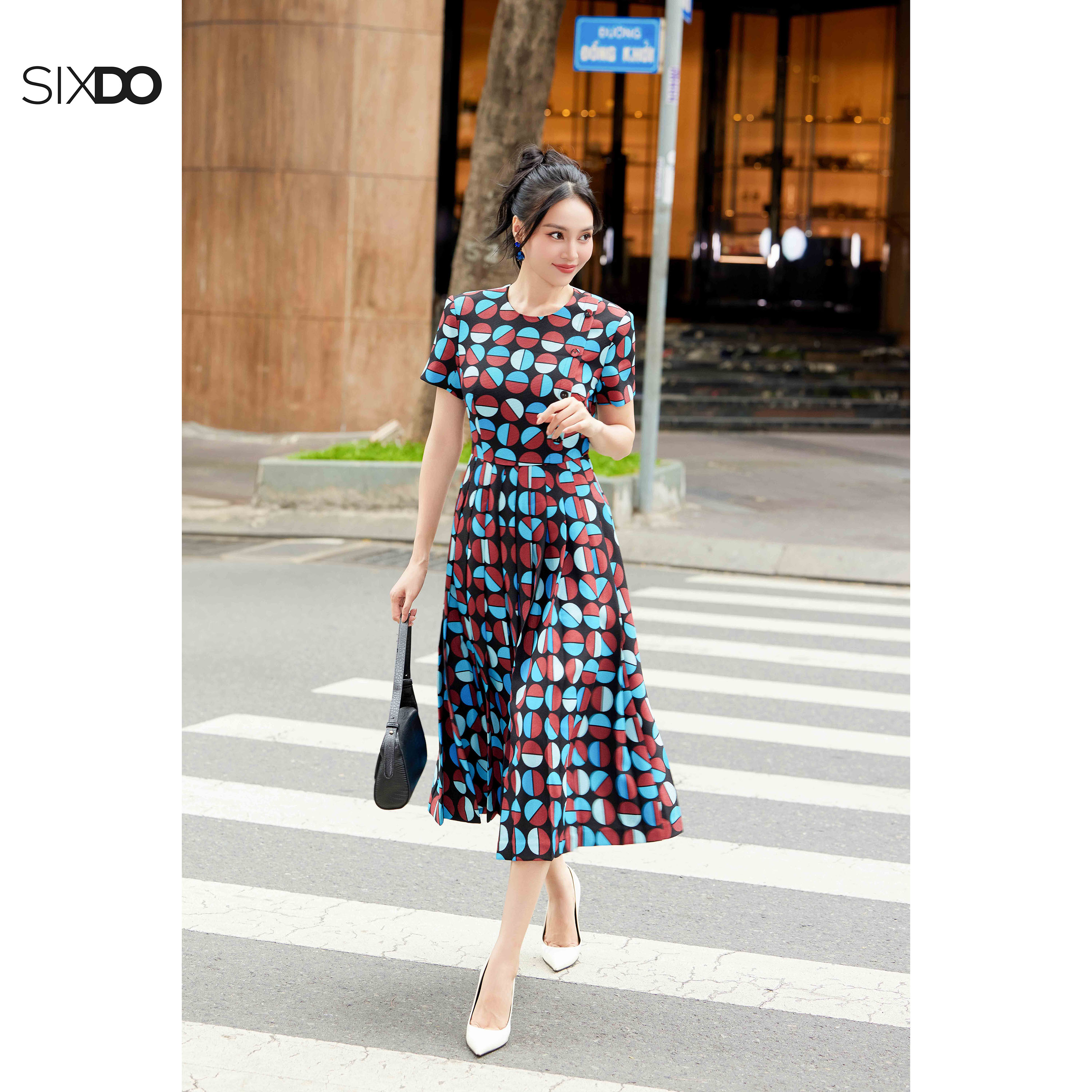 Đầm thô dáng xòe họa tiết tròn SIXDO (Blue Brown Geomitric Midi Raw Dress)