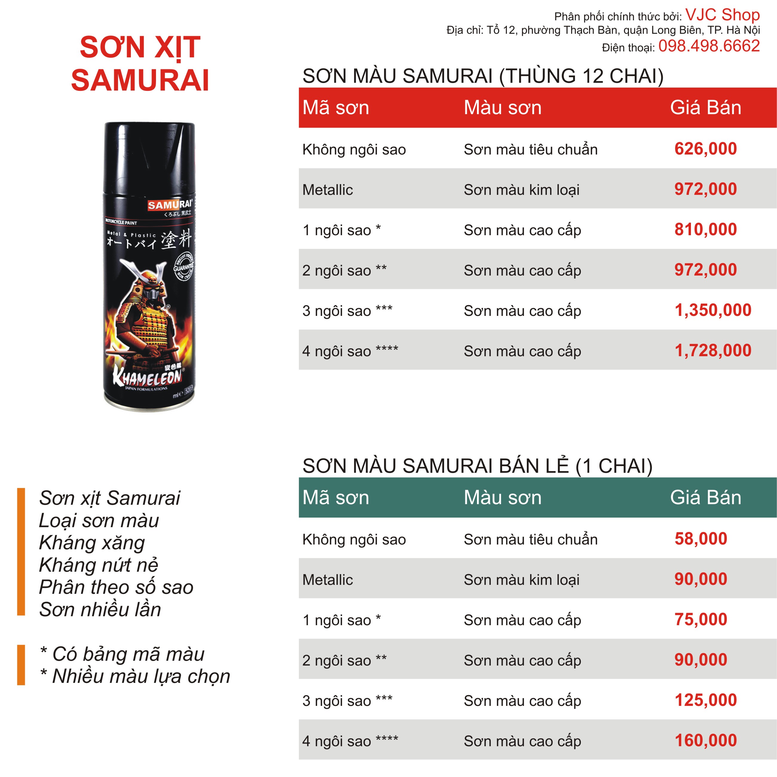 Chai sơn xịt sơn xe máy Samurai MÀU XANH ĐẬM y367