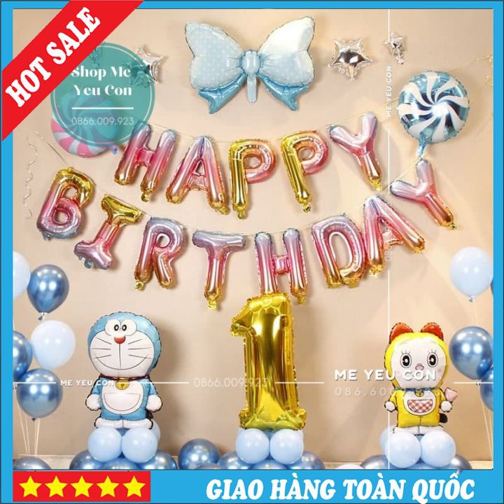 [XANH TRAI-HỒNG GÁI] Combo Trang Trí Tiệc Sinh Nhật, Set Trang Trí Sinh Nhật Ddoremon