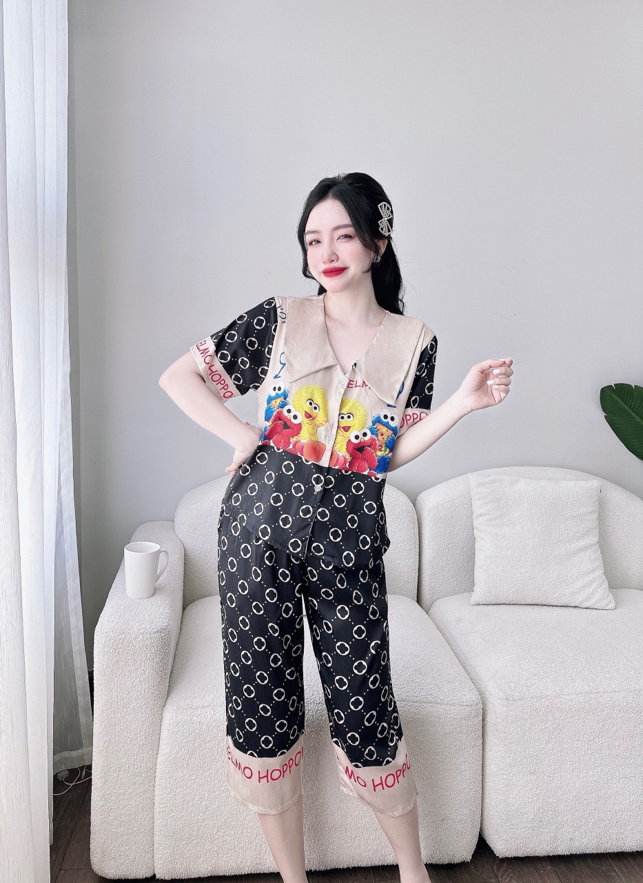 Bộ lụa tơ tằm xước mềm mịn phối cổ tiểu thư dễ thương