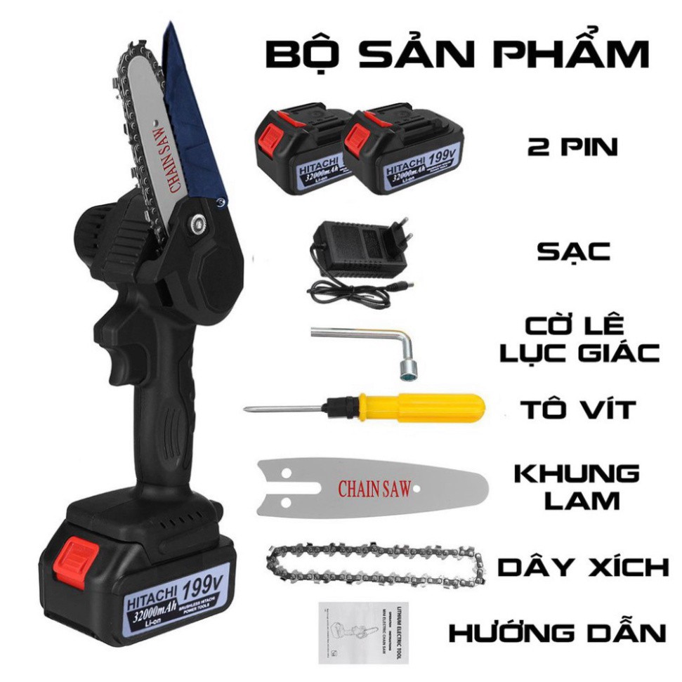( Hàng Bãi Nhật ) SaLe 50% Máy Cưa Xích 2 Pin 199V HITACHI Hàng Chuẩn Lõi Đồng, Máy Cưa Gỗ Cầm Tay 2 Pin 32000mAh Siêu Khỏe Cưa Tất Cả Các Loại Gỗ Siêu Nhanh Sử Dụng Tiện Lợi Cho Mọi Gia Đình