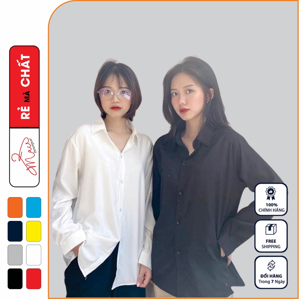 Áo sơ mi dáng rộng nữ nam trơn Basic Unisex Dài Tay trắng đen chất cotton lụa