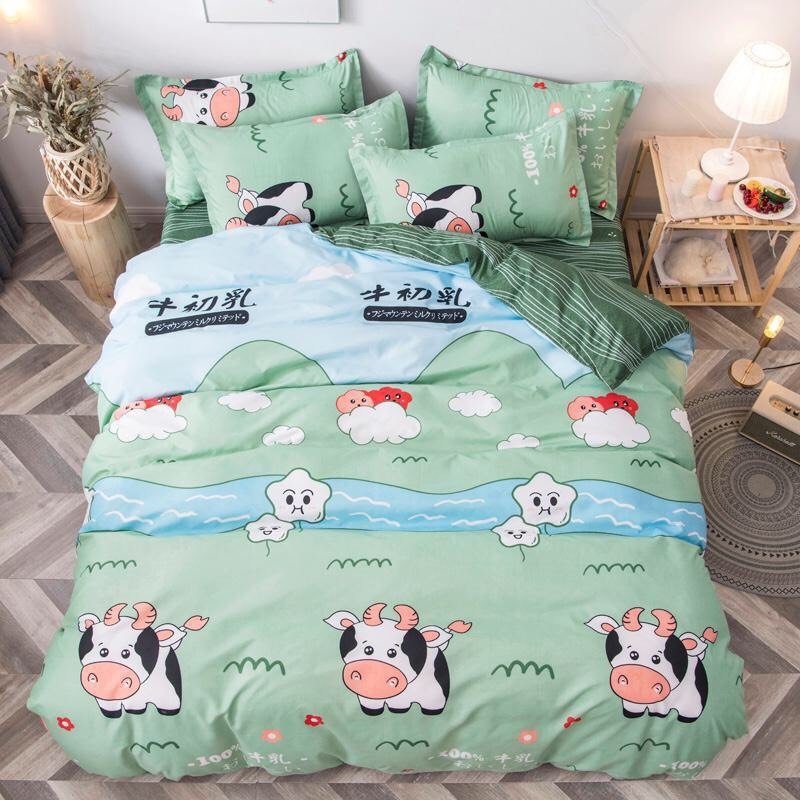 Bộ chăn ga gối poly nhập 4 món, mẫu bò sữa xanh