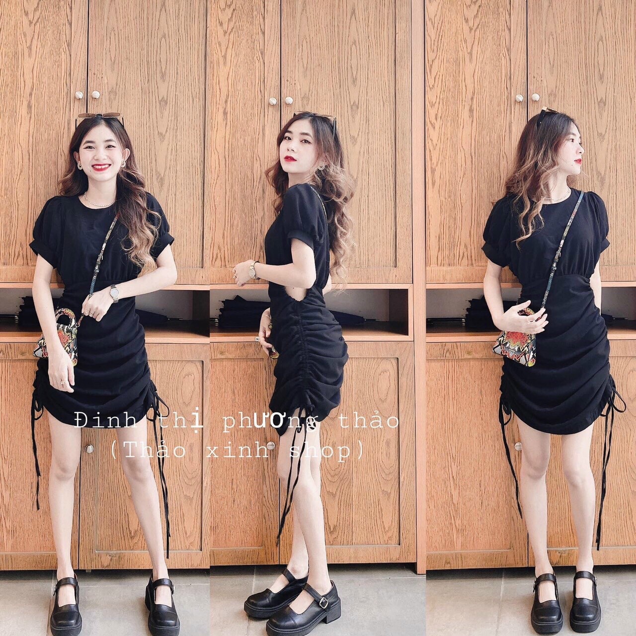 Đầm nữ cổ tròn rút 2 dây hồng