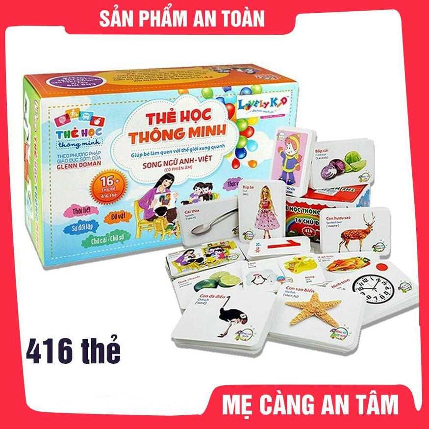 Bộ 416 thẻ học cho trẻ em theo phương pháp giáo dục sớm, giúp phát triển não bộ, Bộ thẻ học thông minh 16 chủ đề, kích cỡ vừa tay trẻ, được gia công tỉ mỉ, bo góc cẩn thận, tráng bóng, đảm bảo an toàn cho bé yêu