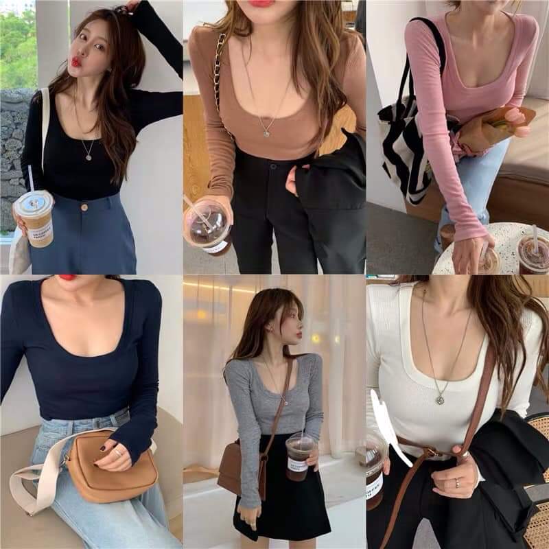 [KÈM VIDEO] Áo thun lụa cổ vuông tay dài ôm body form chuẩn dáng