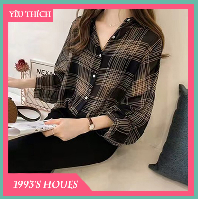 Long sleeve shirts plaid checkered Women wide form