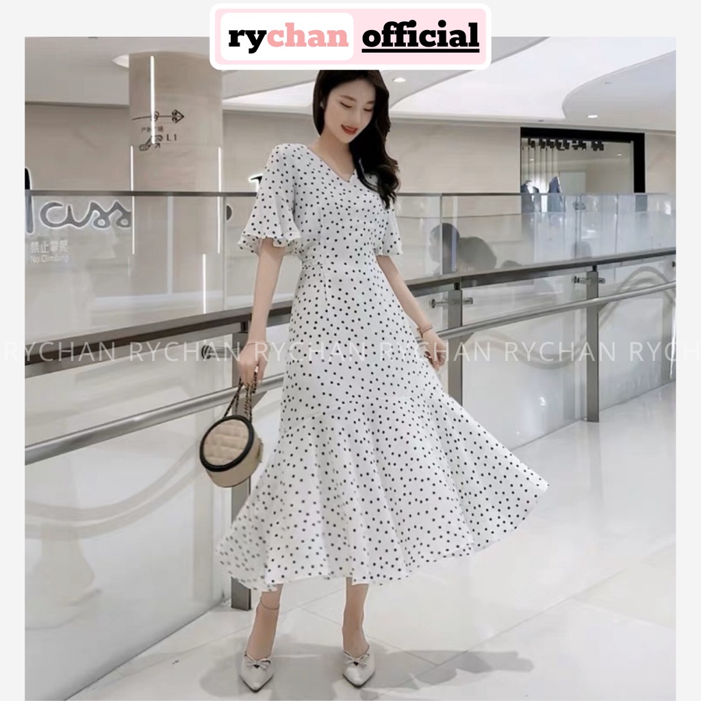 [HCM]Sleeve Maxi Dress with Dots Fishtail Flared Sleeveless Flared Tall Underline - DM013