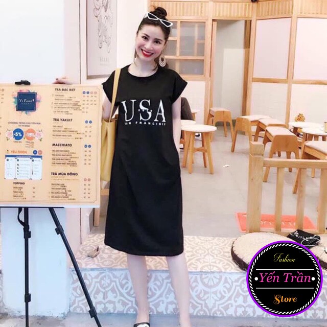 [Yến Trần] Đầm Suông Form Rộng in Chữ USA