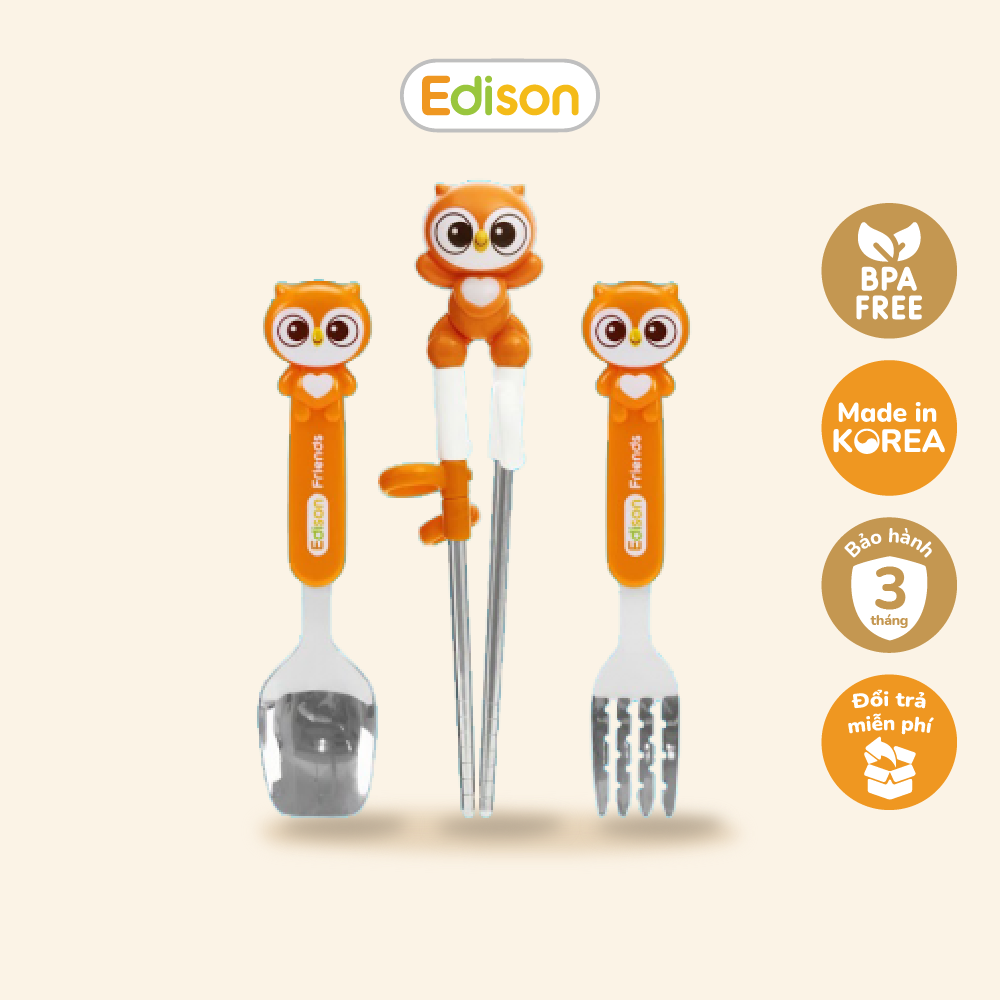 MADE IN KOREA Đồ dùng ăn dặm cho bé 3 mónEdison 6971 hình cú mèo có hộp