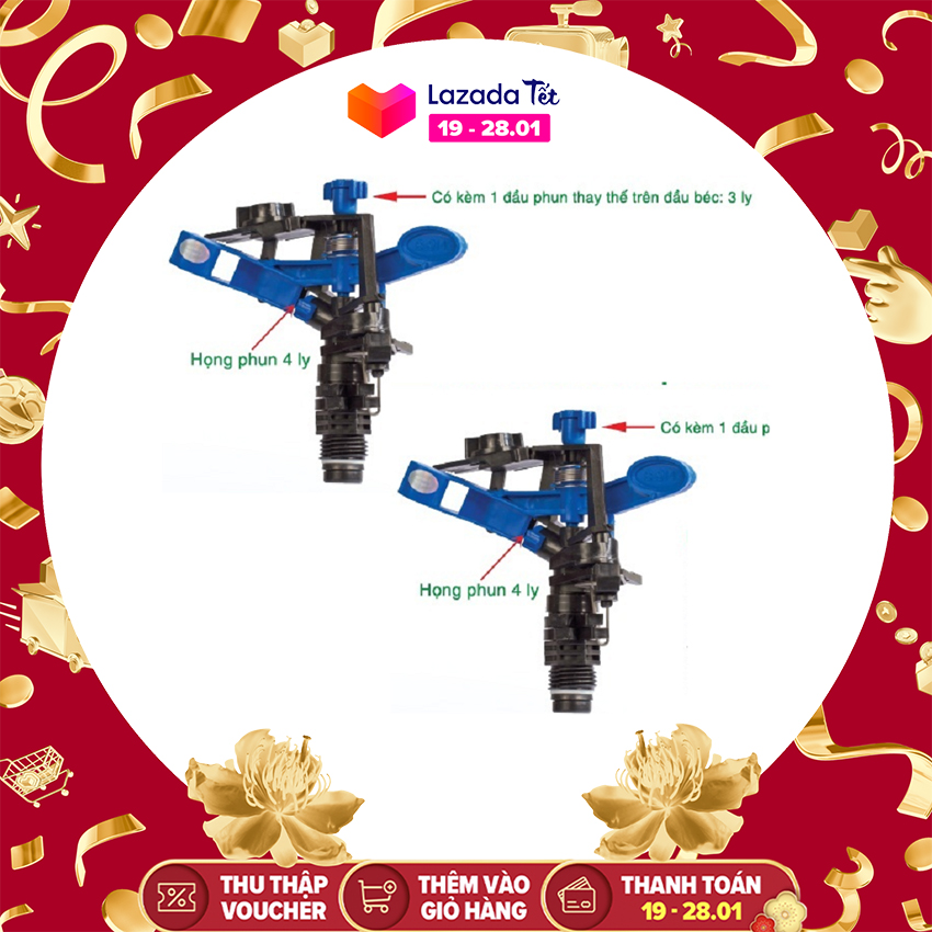 HCMBộ 02 Béc tưới phun cánh đập chỉnh góc ren ngoài 21mm tặng kèm đầu phun