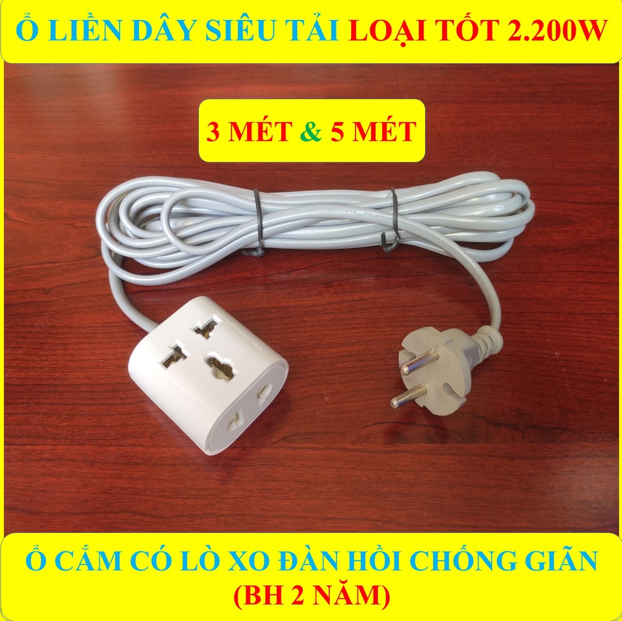Ổ cắm điện liền dây đa năng CHỊU TẢI CAO 2200W có màng che an toàn + Dây dài 3/5 Mét + Ổ cắm đa năng có lò xo chống giãn đàn hồi HÀNG LOẠI 1 cao cấp