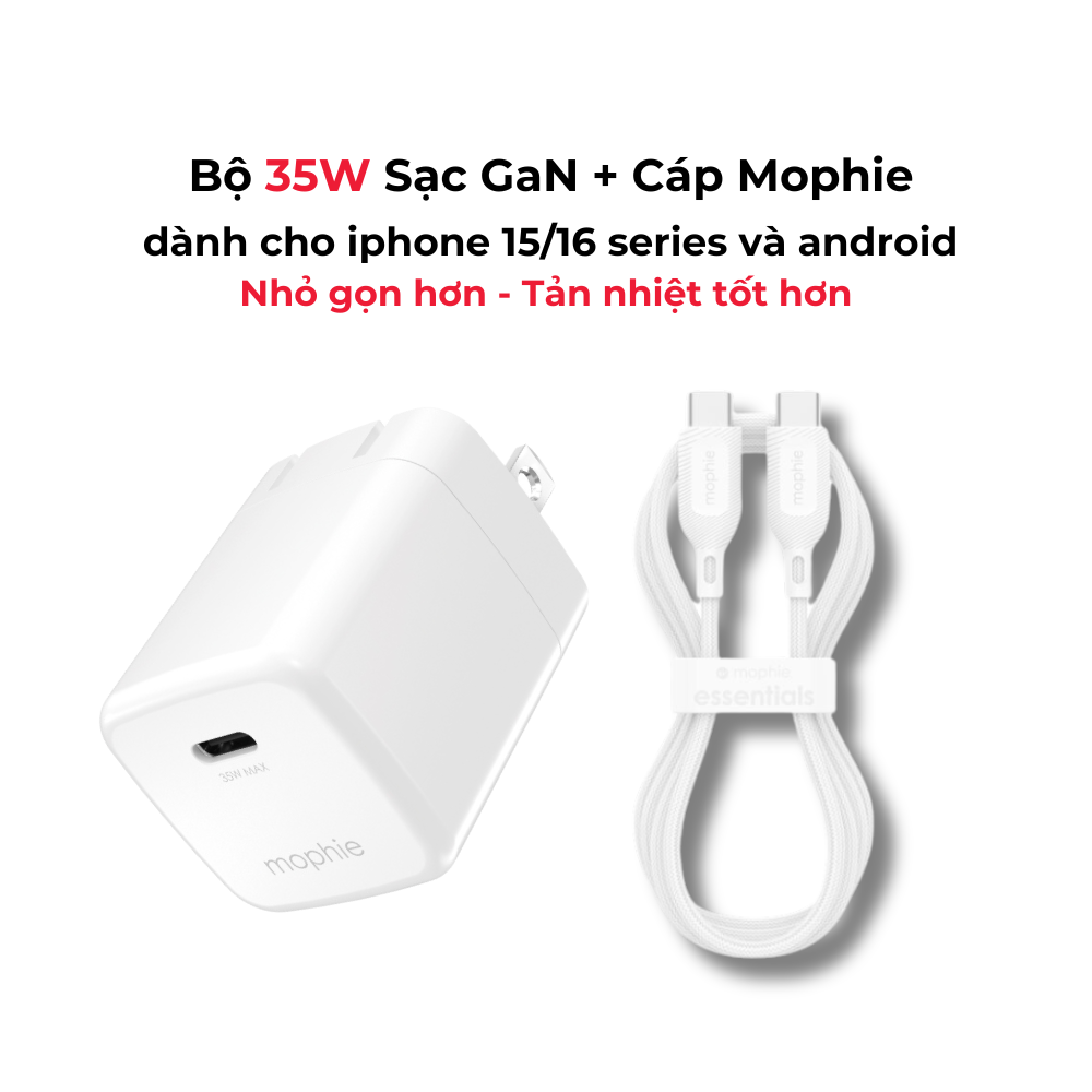 Combo sạc nhanh Mophie PD 30W cho iPhone/iPad (Sạc Mophie Essentials PD 30W USB-C và Cáp Mophie Essentials USB-C to USB-C 1m)
